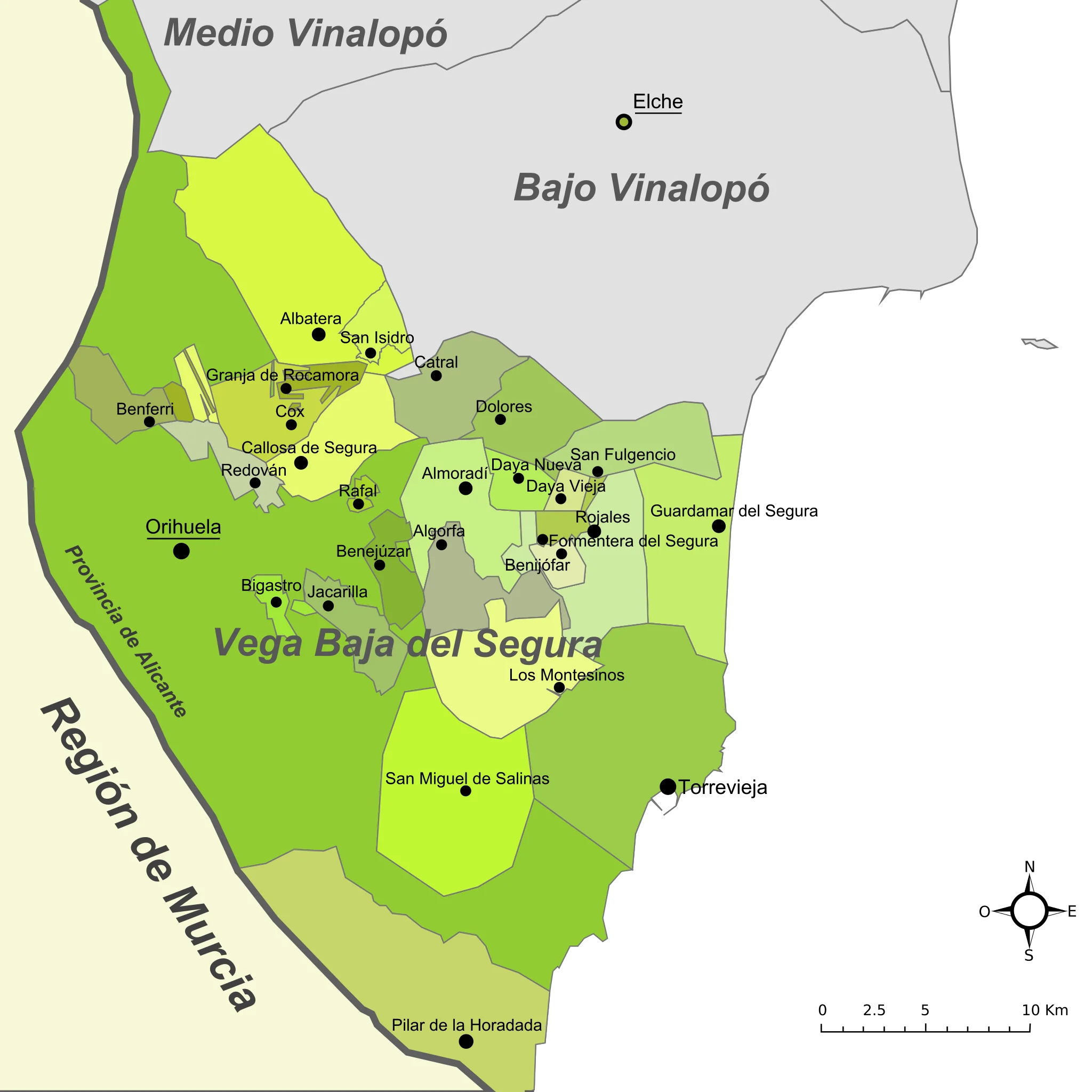 Mapa de la comarca de la Vega Baja del Segura, área de servicio SEO.