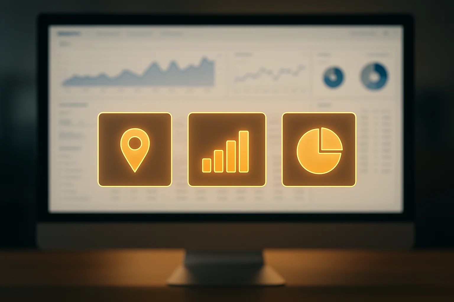 Un panel de control de datos complejo en el fondo, con 3 tarjetas simples y claras en primer plano.