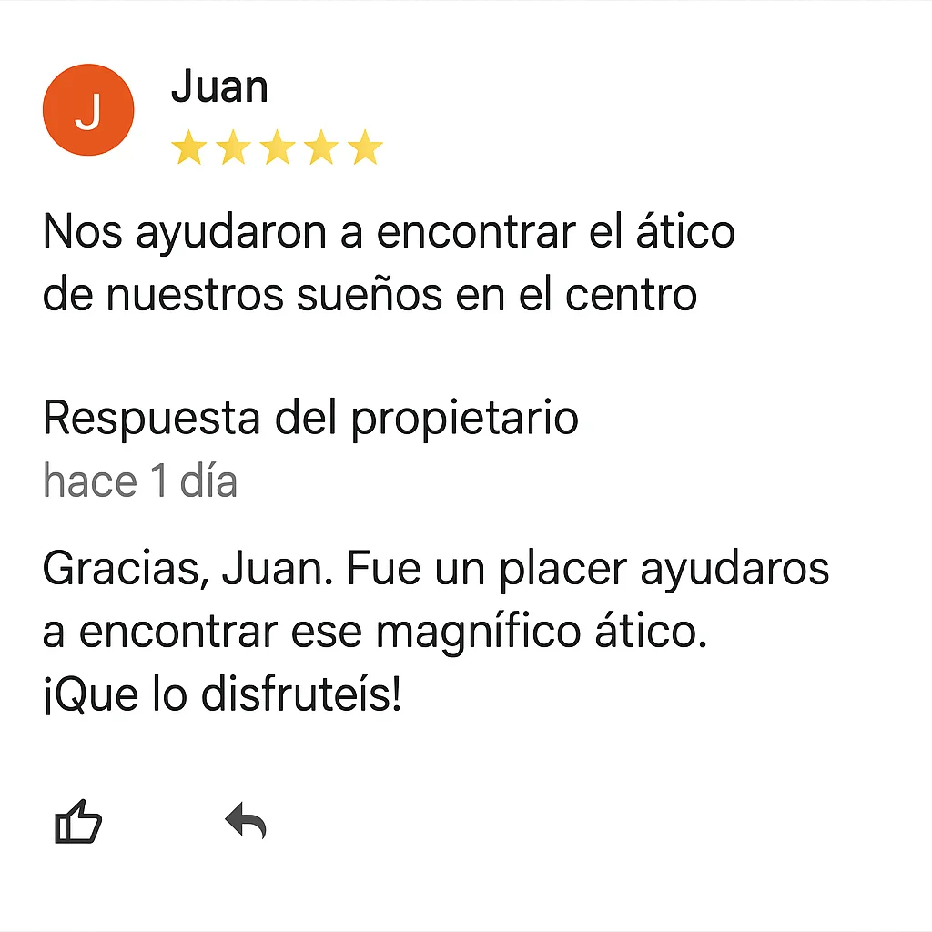 Una reseña de un cliente empleando las palabras clave adecuadas junto con la contestación del empresario empleando también las palabras clave.